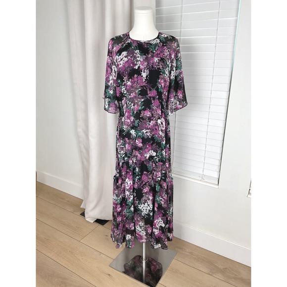 Taylor Dresses & Skirts - Taylor Floral Maxi Dress Purple Black Flutter Sleeve Smocked Waist Size‎ 12 NEW